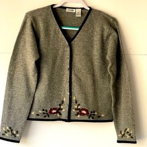 Paul Harris Design Women's Gray Wool Sweater Floral Embroidered Top Blouse, Sz M